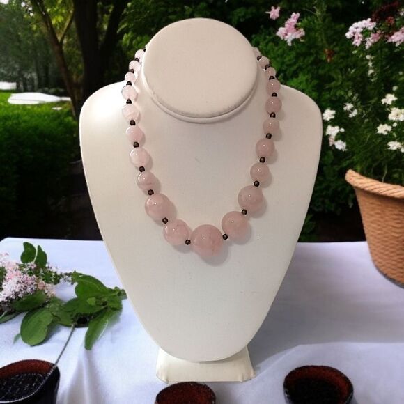 Vtg Rose Quartz Beaded Necklace Chunky Graduated Pale Pink Art Deco Victorian - Picture 11 of 16